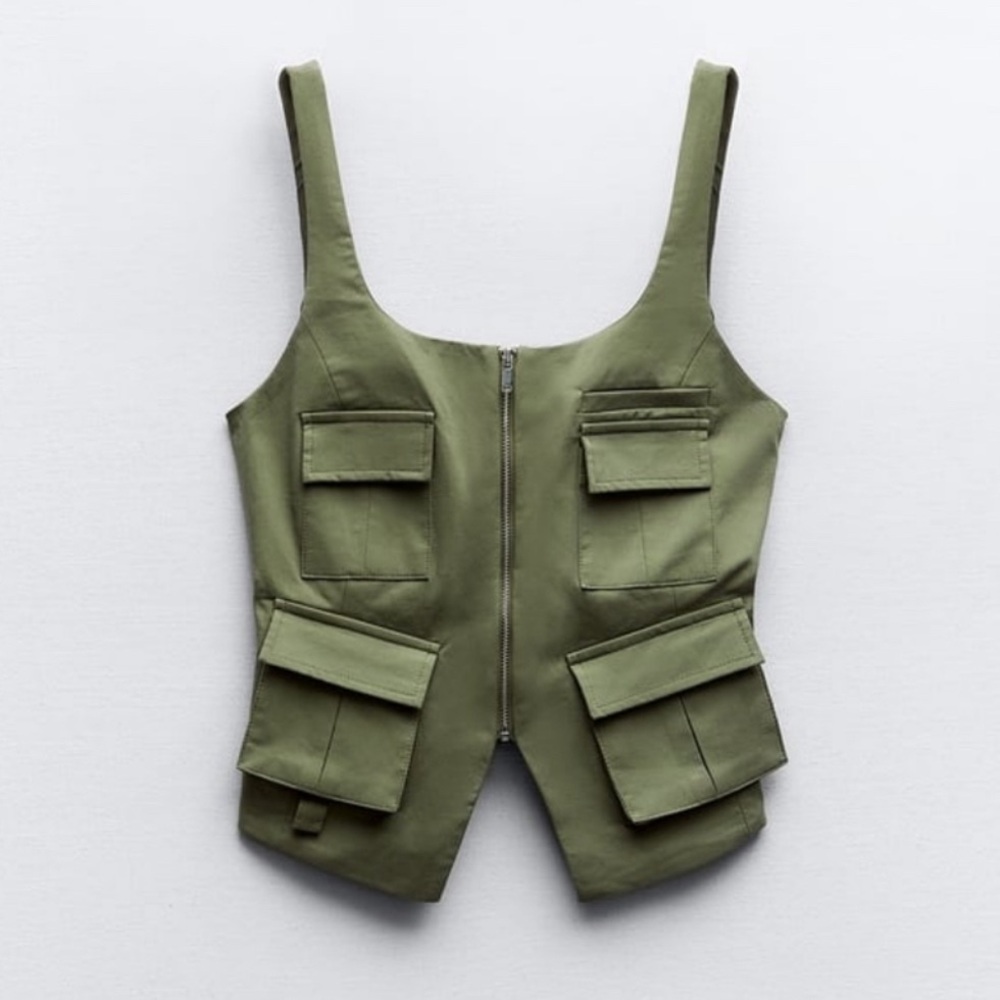 Zara Light Khaki Pocket Vest Top Size Small